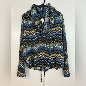Ariella Blue Zig Zag Chevron Boho Cowl Neck Lace Up Pullover Sweater Size Large